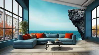 Cliffside ocean view with crashing waves, vast horizon, misty atmosphere, dynamic lighting, high contrast, wide panoramic shot Wall mural