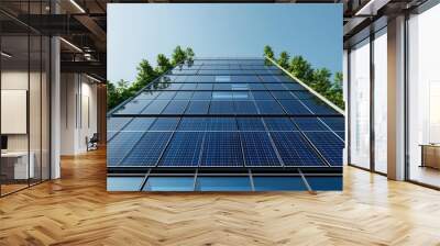 Eco-friendly glass office building with solar panels and trees around, Sustainable architecture, Green design, 3D Render Wall mural