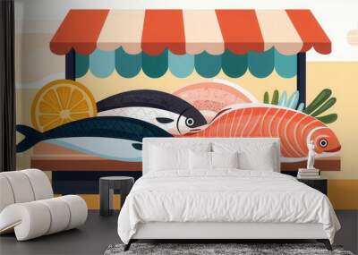 Fresh fish market stall, seafood display, flat design illustration Wall mural