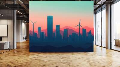 Futuristic cityscape with tall skyscrapers powered by wind and solar energy, glowing softly in the night, energy-efficient and eco-friendly Wall mural