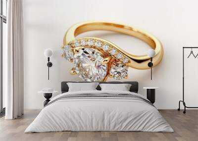 Macro view of a three-stone ring with diamonds set in a twisted gold band, Three-Stone Design, Symbolic Jewelry Wall mural