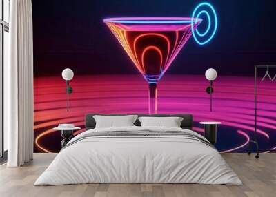 Martini glass suspended in a neon void, with holographic symbols swirling around, Futuristic, Sci-fi, Digital Art, Glowing Wall mural