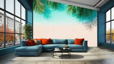 Natural canopy of palm trees on a tropical beach, sunlight casting long shadows, crystal waters Wall mural