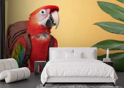 Parrot with a rucksack climbing a tropical mountain, lush jungle, colorful and lively, exotic adventure Wall mural