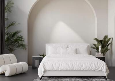 Serene minimalist courtyard with arched doorways and white furniture, bathed in sunlight and surrounded by lush plants for a tranquil ambiance Wall mural