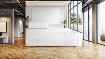 Spacious bank interior with a large glass ceiling, white marble floors, and minimalist counters, Modern luxury, clean lines, soft natural lighting Wall mural