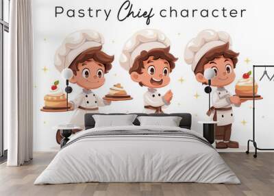 Set illustration of a cute child boy in pastry chef outfit carrying a cake. Different pose, simple vector design Wall mural