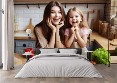 Joyful excited young mom and pretty little daughter girl preparing sandwiches in kitchen together, cutting ingredients, smiling, laughing, posing for cooking blog picture. generative ai Wall mural