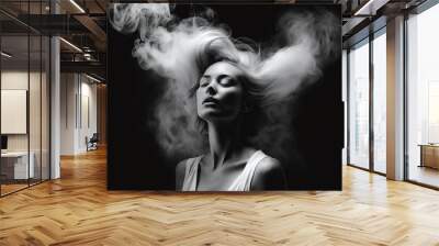 With her eyes closed and her hair blending with the mist, a stunning model girl with an exquisite hairstyle and makeup exudes happiness. Wall mural