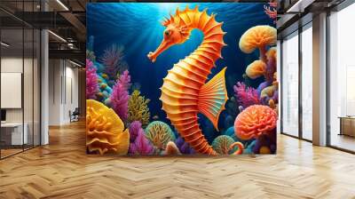 Stunning seahorse swimming in colourful coral reef! Wall mural