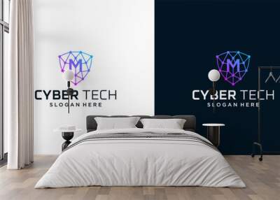 Cyber tech logo design template with initial letter M graphic design vector illustration. Symbol for tech, security, internet, system, Artificial Intelligence and computer. Wall mural