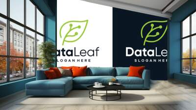 Green tech logo design template. leaf with digital data technology design graphic vector illustration. Symbol, icon, creative. Wall mural