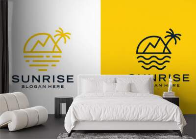 Mountain and sun views logo design template with modern line style design graphic vector illustration. Symbol, icon, creative. Wall mural