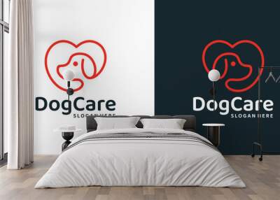 Pet care logo design template. Heart logo with dog with line style graphic design vector illustration. Symbol, icon, creative. Wall mural