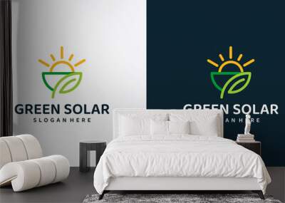 Sun rise over Leaves Logo design vector template. Alternative Energy solar concept. Eco organic green Farm natural fresh products Logotype icon. Wall mural