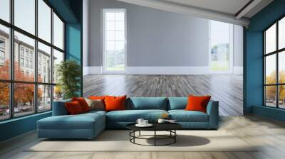 Empty living room concept with windows and wooden floor 3D rendering Wall mural