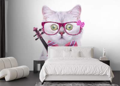 Smart beautiful british cat with a old violin. Funny animals. Trendy cat dressed in beautiful clothes Wall mural