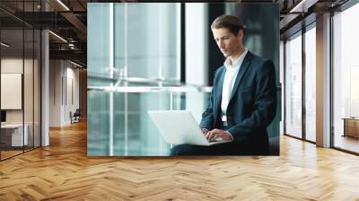 Young businessman working on a plan of Internet project on the laptop. Man discusses business matters by phone. Working computer for internet research. Digital marketing. Development Wall mural