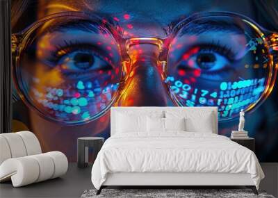 Data reflecting on eyeglasses on man's face. Computrer programmer big data Wall mural