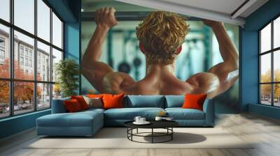 Athletic pulling up showing back muscle at gym Muscular man exercise pull up on bar in fitness gym Body weight workout Banner ratio Wall mural