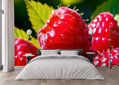 A bunch of red raspberries are on a leaf Wall mural