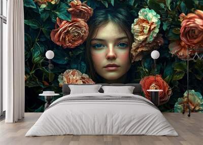 A woman is surrounded by flowers and is the main focus of the image Wall mural