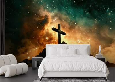 The crucifix symbol of Jesus on the mountain sunset sky background Wall mural