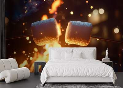 Two marshmallows are being held over a fire Wall mural