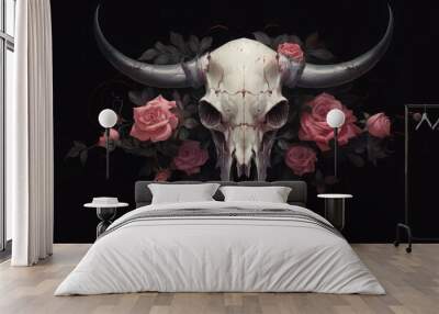 Skull of a bull and a rose. on black background. Digital art. Generative AI. Wall mural