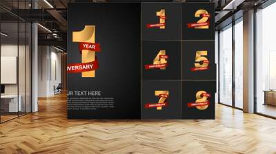 set of anniversary golden color and red ribbon can be use for celebration event Wall mural