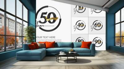 set of anniversary logo with black number in circle and golden ribbon can be use for celebration Wall mural