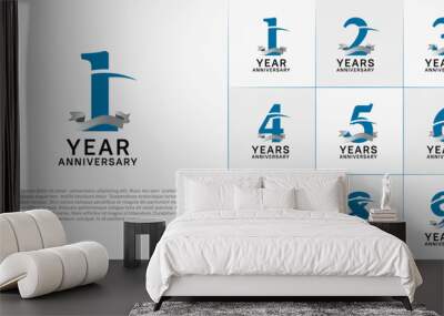 set of anniversary logo with blue number and silver ribbon can be use for celebration Wall mural