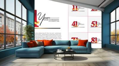 set of anniversary logo with red number and golden ribbon, handwriting text can be use for celebration Wall mural