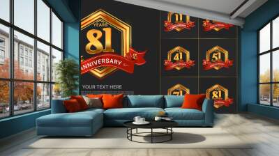 set of anniversary with gold color and red ribbon can be use for celebration event Wall mural