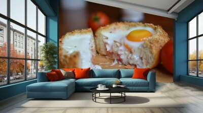 Close-up of an egg baked in a bun with cheese and ham Wall mural