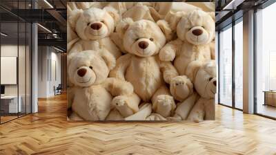 A Cozy Collection of Adorable Teddy Bears Nestled in Soft Fabric Wall mural