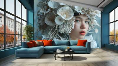 Ethereal Beauty: A Model Adorned with a Floral Headpiece of Delicate Shells and Flowers Wall mural