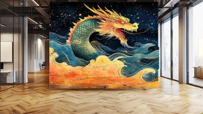 Mythical Dragon Emerging From Water with Starry Sky Background Wall mural