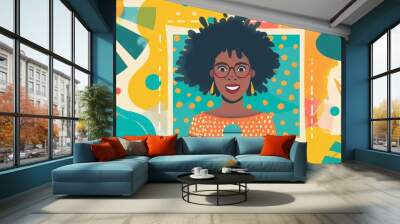 Smiling Woman with Microphone in Abstract Art Background Wall mural