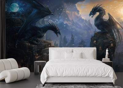 Two Black Dragons Perched on Skyscrapers in Futuristic City Wall mural