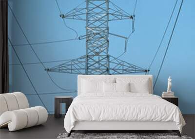 A transmission tower or power tower. High voltage tower against clear blue sky. Wall mural