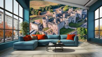 Aerial view with Conwy town and the medieval castle, the famous landmark of Wales and UK, captured in the morning Wall mural