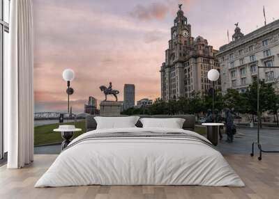 Royal Liver Building in Liverpool, image captured at sunrise in the city center downtown docklands Wall mural