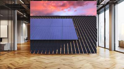 Solar panels modules on house roof with sunset sky in background Wall mural