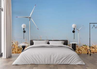 Wind turbines with golden corn field in foreground and beautiful clear blue sky in the background Wall mural