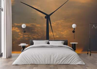 Sunflower field and wind turbines at sunset. Vintage effect. Wall mural