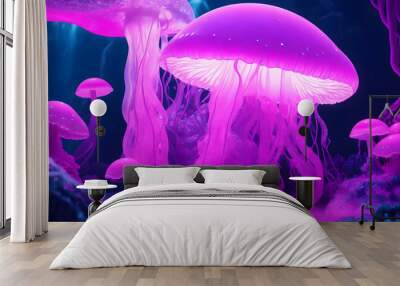 Rushing water fall, underneath water, florescent jelly fish, mushroom. AI generated Wall mural