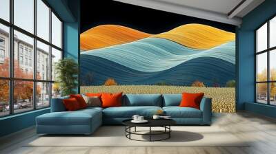 wheat fields, abstract hills and black sky in the background Wall mural