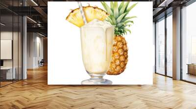 Watercolor Piña Colada Pineapple Smoothie with Straw and Pineapple Wedge Wall mural