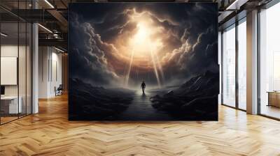 man overcoming depression as he moves from the dark into the light representing hope and transformation  Wall mural